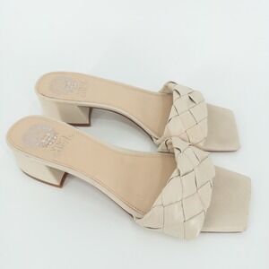 Vince Camuto Cream Braided Slide Sandals 9.5M Square Toe Block Heel Chic Wedding